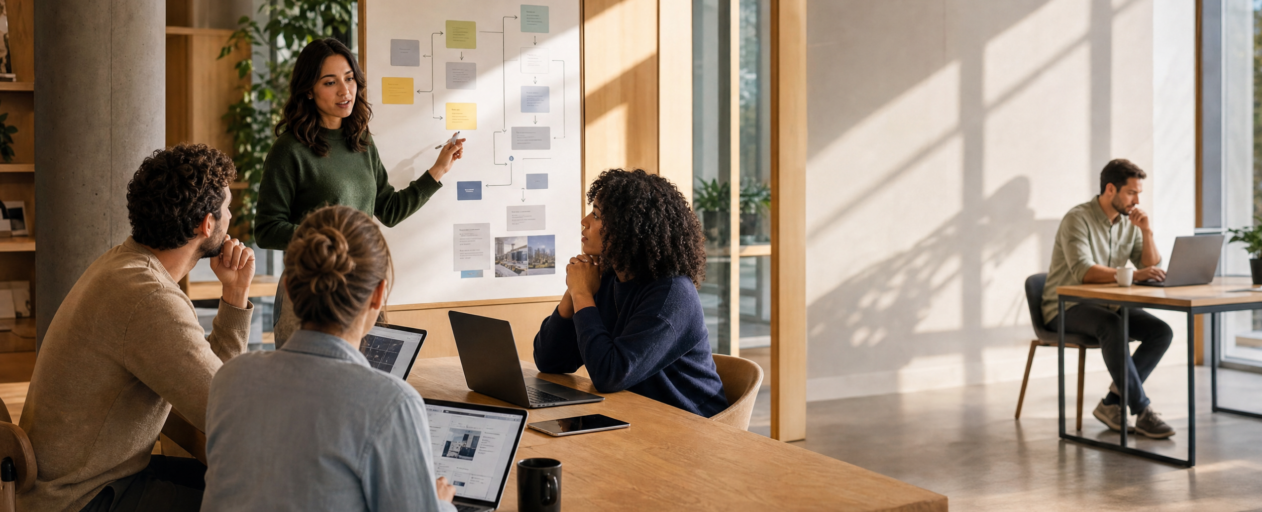 A team seated around a table watching a colleague present a workflow diagram