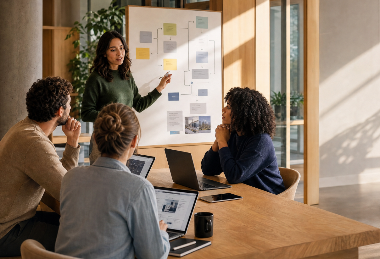 A team working through a whiteboard exercise around a table
