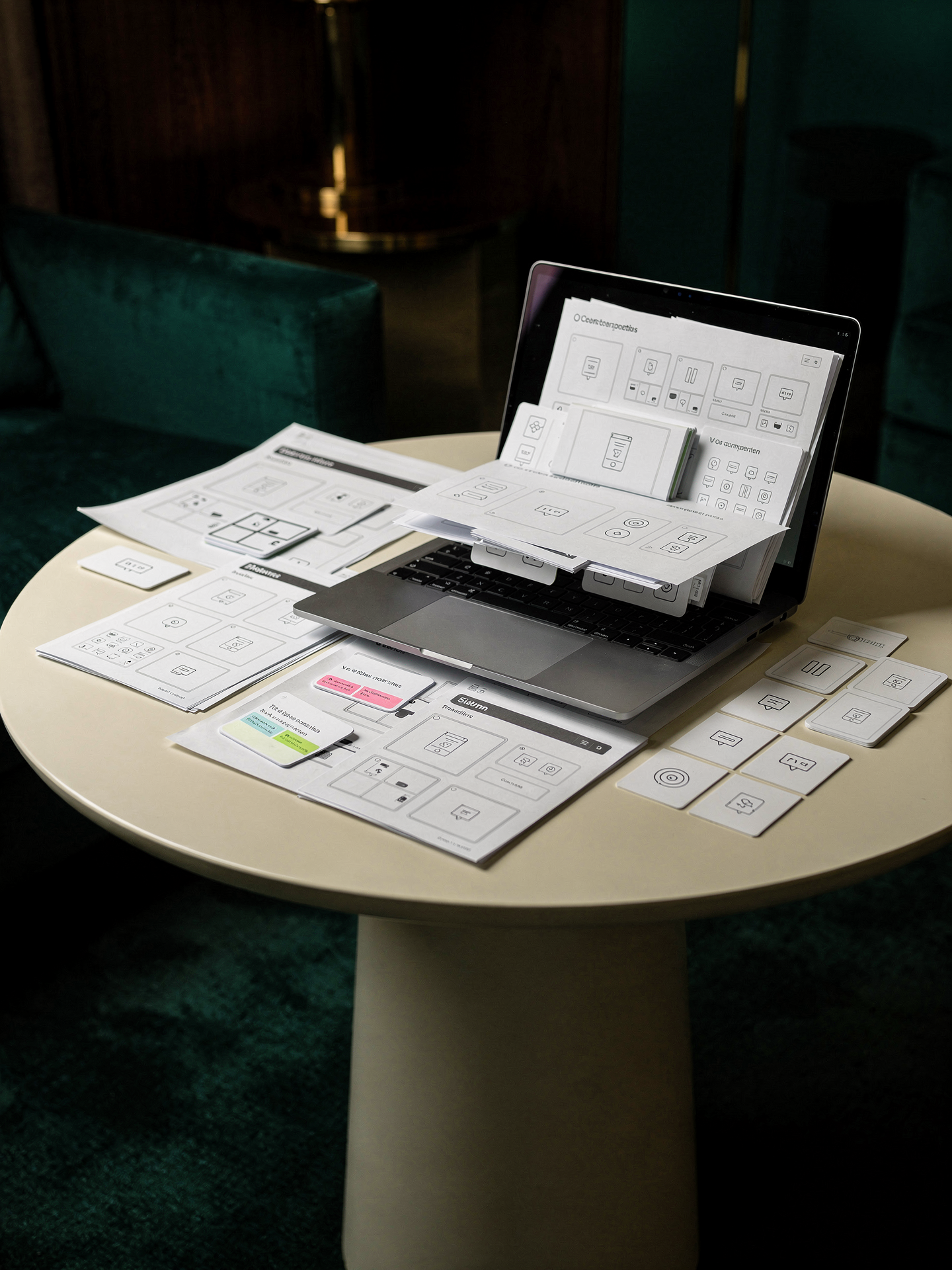 Design mockups and a laptop spread across a table