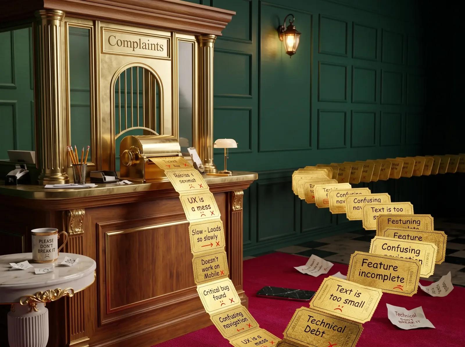 A complaints counter trailing an endless roll of tickets across the floor