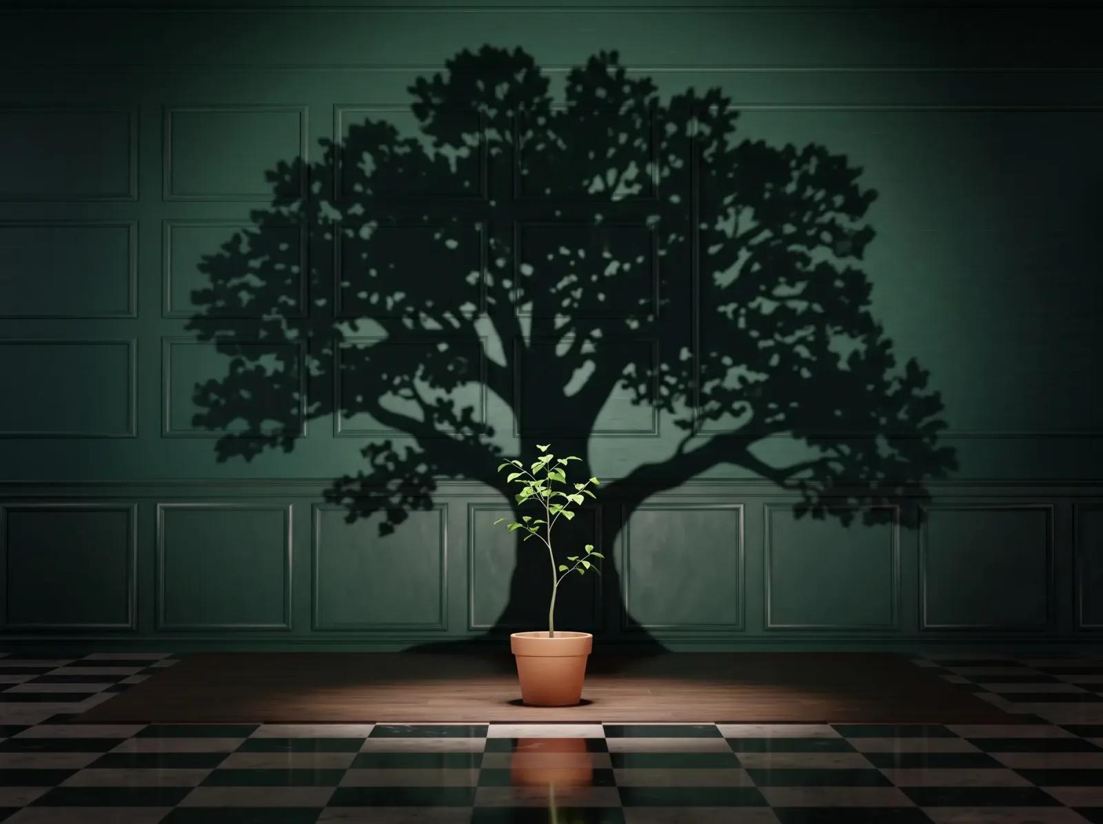 A small potted sapling casting the shadow of a full-grown tree