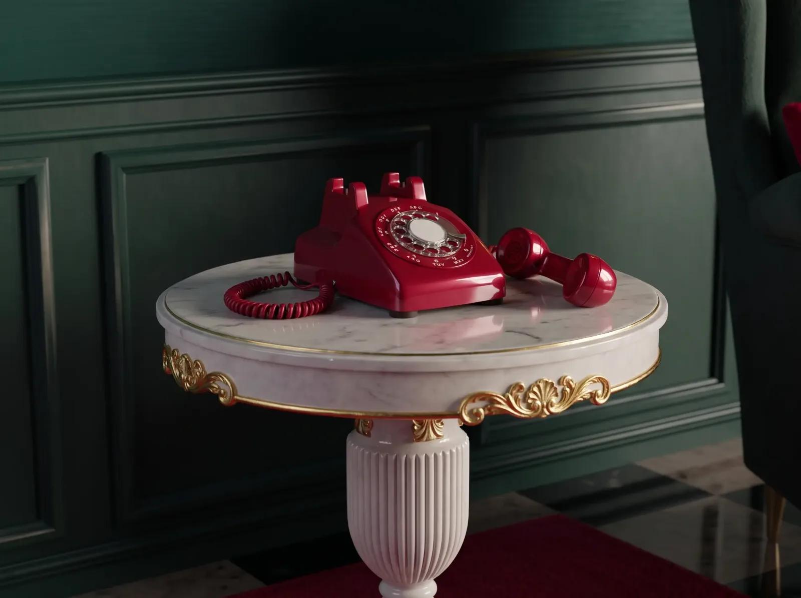A red rotary telephone on a marble table with its handset left off the hook